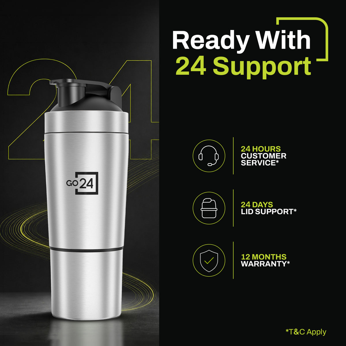 Go24 Kinetic Stainless Steel Gym Shaker with Extra Compartment - 850ml