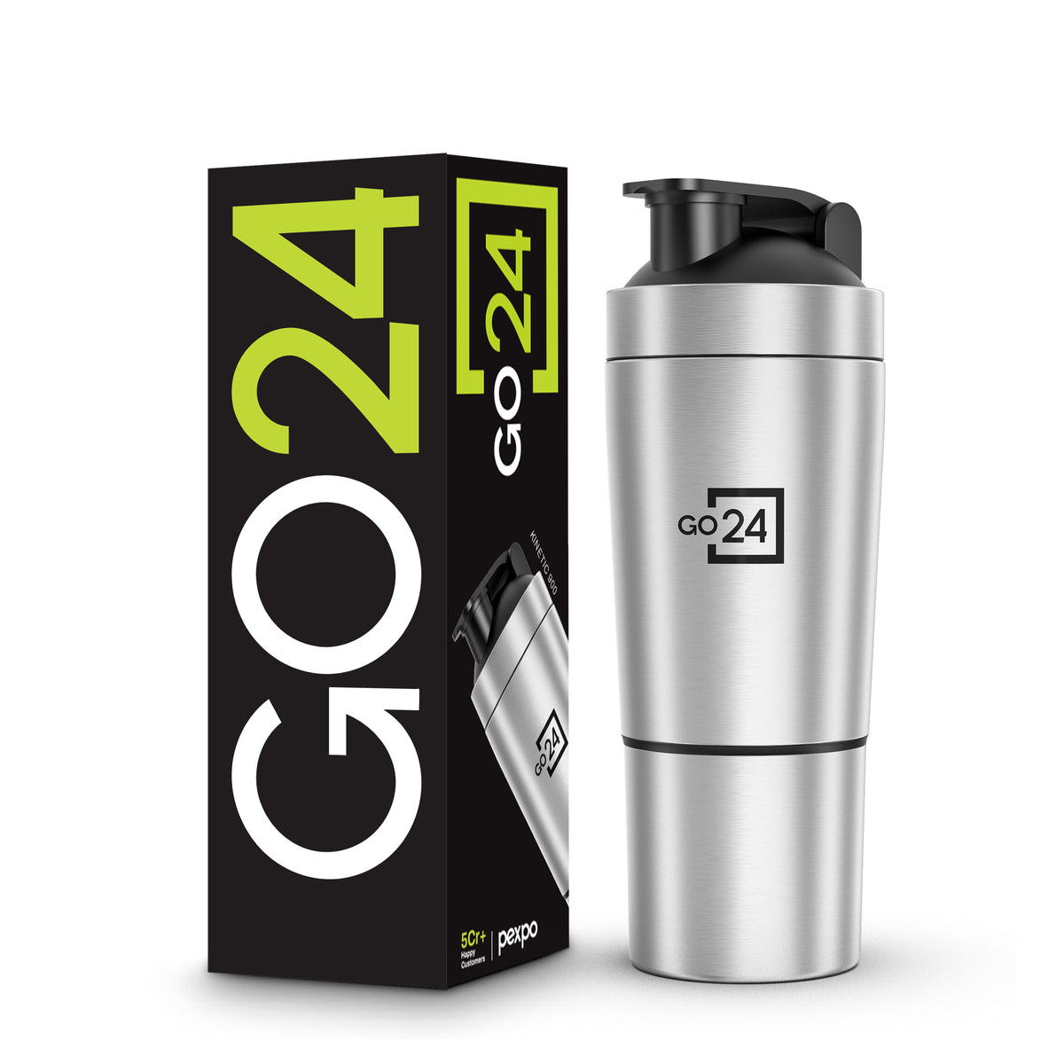 Go24 Kinetic Stainless Steel Gym Shaker with Extra Compartment - 850ml