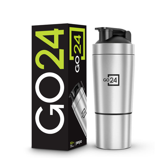 Go24 Kinetic Stainless Steel Gym Shaker with Extra Compartment - 850ml