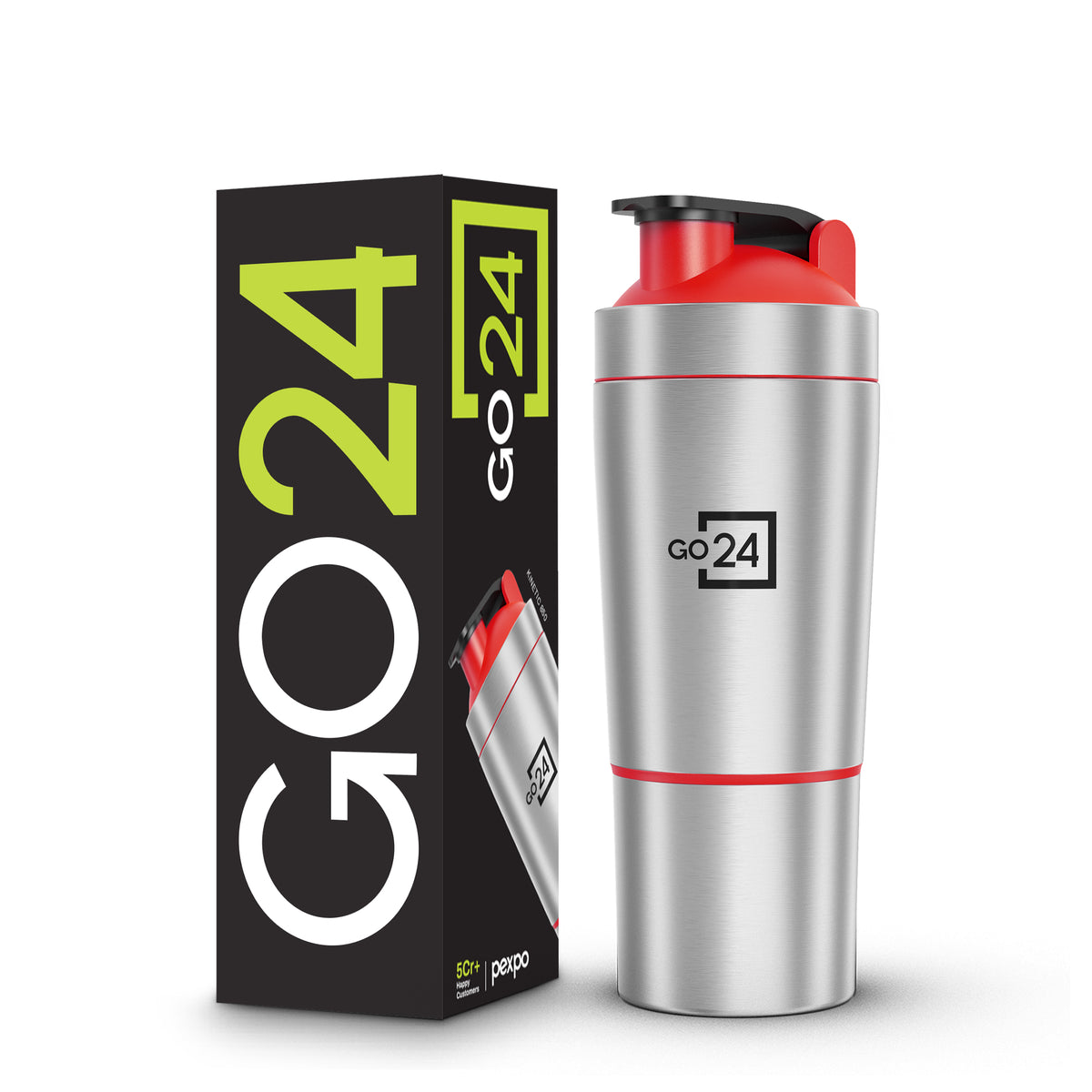 Go24 Kinetic Stainless Steel Gym Shaker with Extra Compartment - 850ml