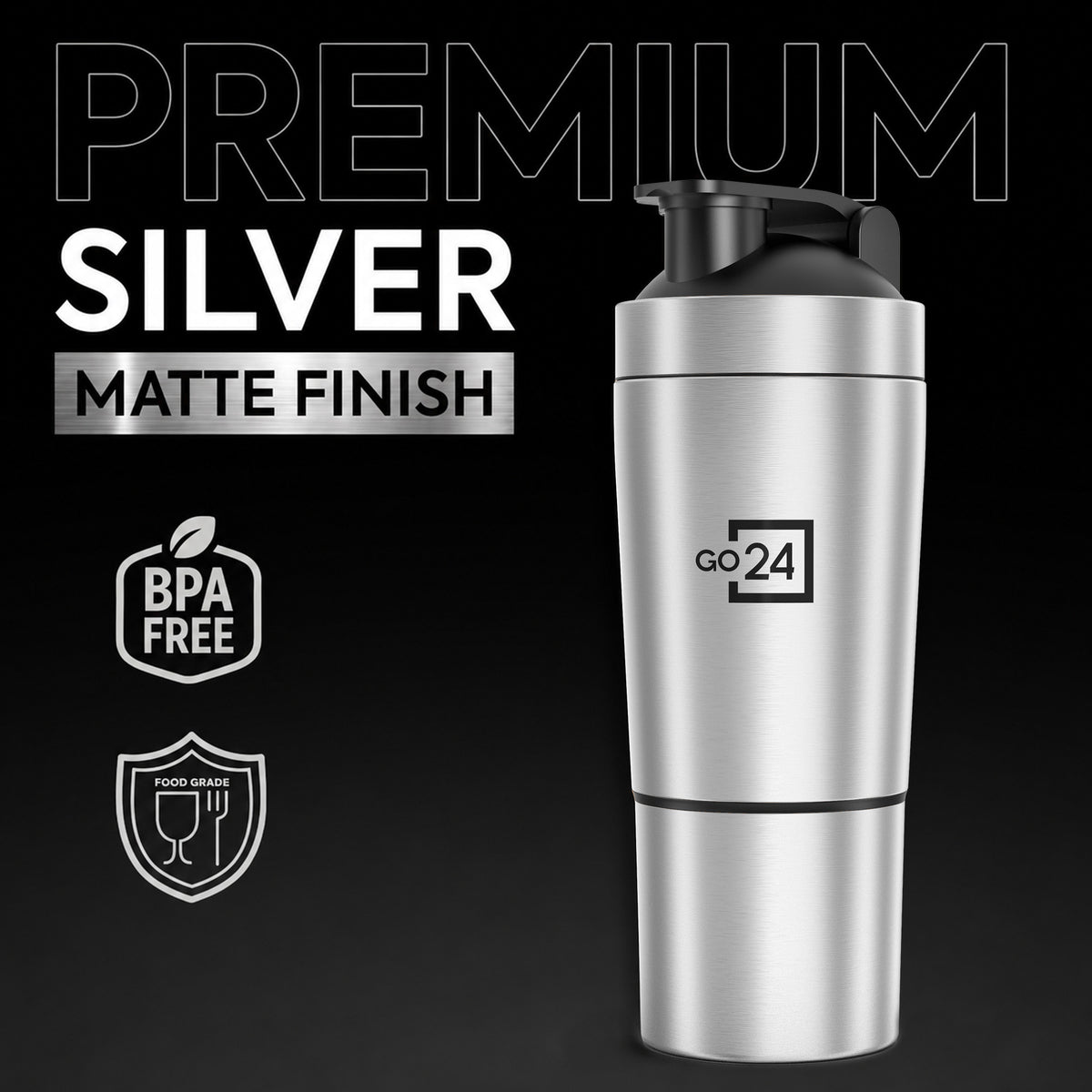 Go24 Kinetic Stainless Steel Gym Shaker with Extra Compartment - 850ml