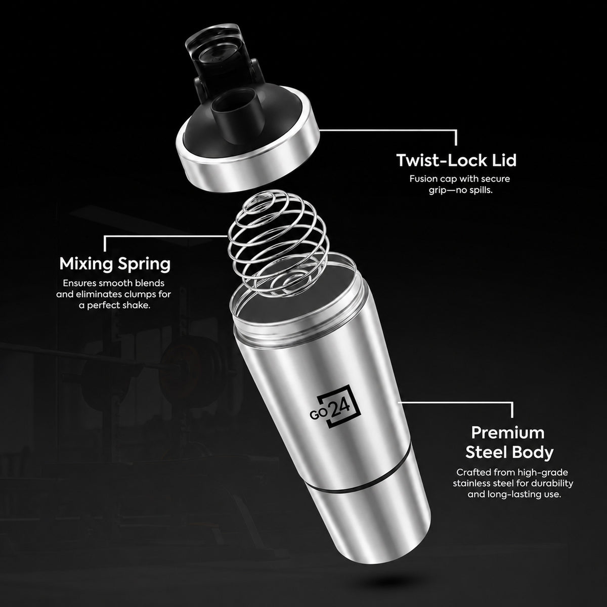Go24 Kinetic Stainless Steel Gym Shaker with Extra Compartment - 850ml