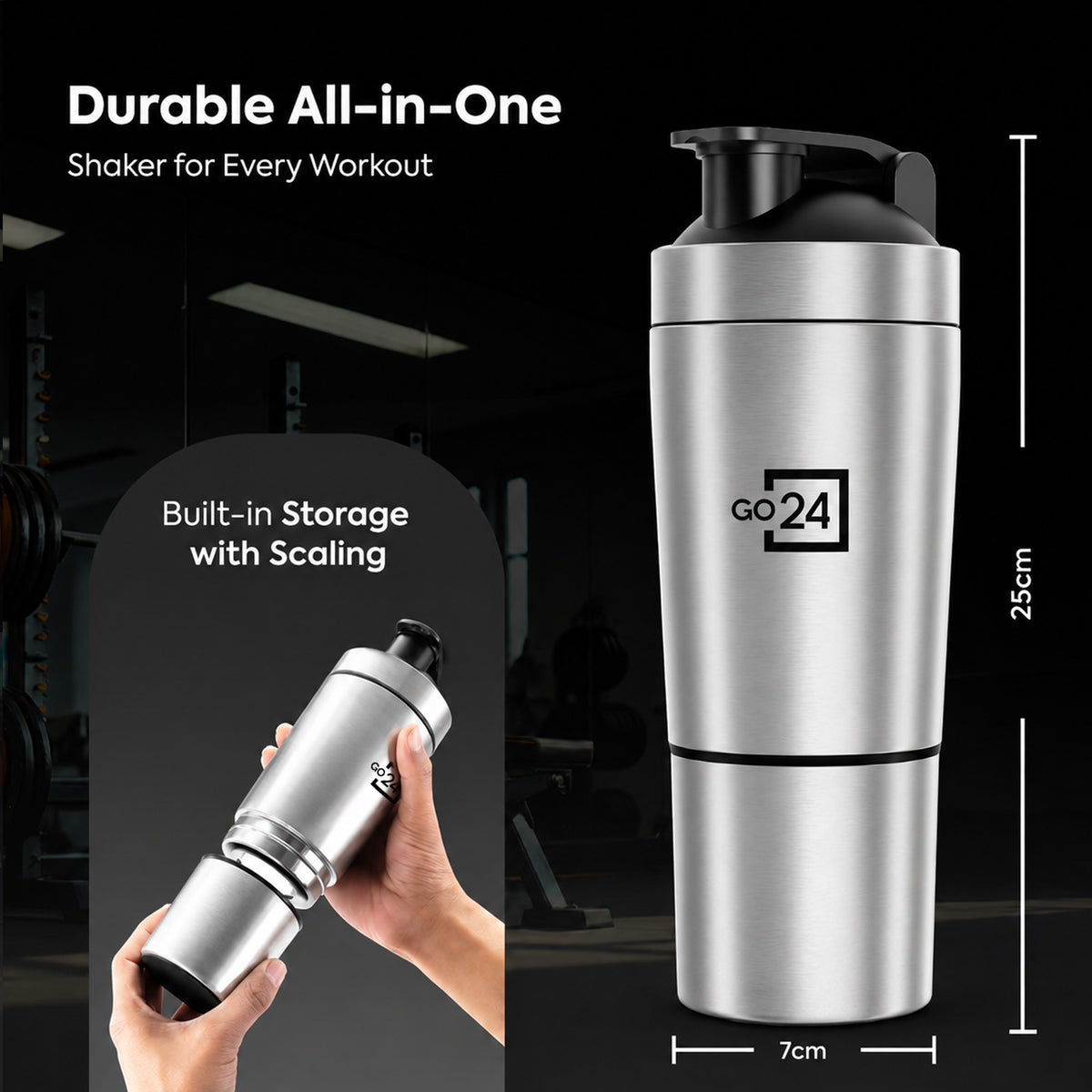 Go24 Kinetic Stainless Steel Gym Shaker with Extra Compartment - 850ml