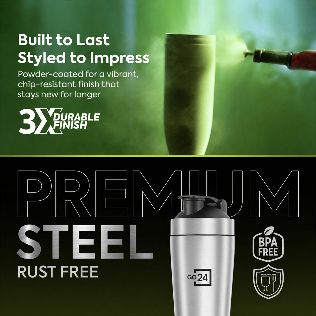 Go24 Kayo Plus Stainless Steel Gym Shaker - 800ml