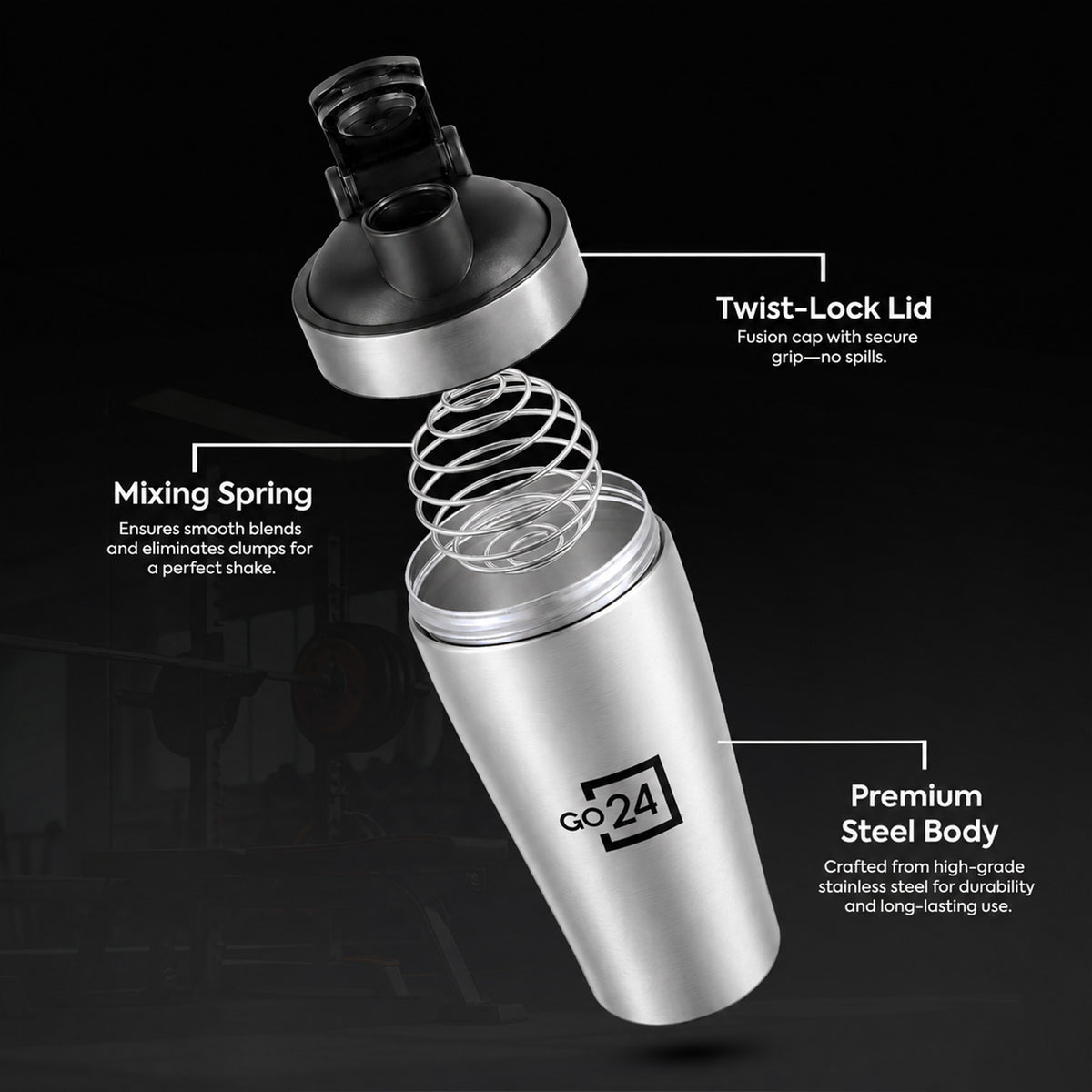 Go24 Kayo Plus Stainless Steel Gym Shaker - 800ml